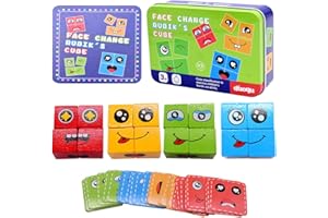 HILLOLY Wooden Face Changing Magic Cube Game, Expression Puzzle Building Blocks Pattern Matching Game, Educational Puzzles Toy Board Games, for Kids Ages 3 4 5 Years Old