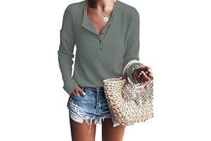 WNEEDU Pull Femme à Manches Longues en Tricot Gaufré Tunique T-Shirt Chemise Henley Décontracté Col V avec Boutons