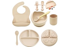 ILEYLUY Baby Feeding Set, 8 Pack Baby Led Weaning Supplies, Suction Bowl Divided Plate, Toddler Self Feeding Dish Set with Spoons Forks Sippy Cup Adjustable Bib, Eating Utensils for 6+ Months (Beige)