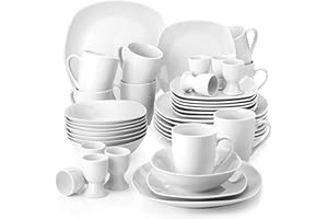 MALACASA Dinner Sets for 8 People, 40-Piece Porcelain Plates and Bowls Set Ivory White Dinnerware Sets with 8 Piece Dinner Plates/Soup Bowls/Dessert Plates/Egg Cups/Mugs, Series Elisa