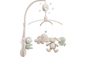 BO BABY'S ONLY Baby's Only - Giostrina musicale Animali per bebè - Con figure lavorate a maglia - Carillon con musica - Giostrina per bebè con musica - Per maschietti e femminucce - Laurel Green/Warm Linen