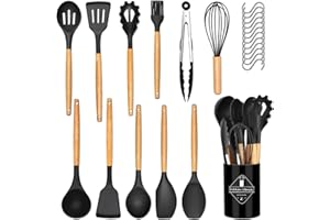 CHEERHOM 24 Pièces Kit Ustensiles de Cuisine, Set de couverts de cuisine, poignée en bois, résistant à la chaleur, Ensemble de Cuisine sans BPA, Antiadhésif, Noir (M, 24, 24)