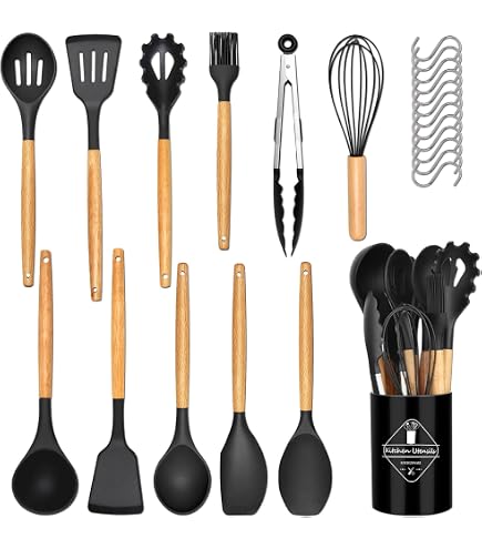 Lot De 11 Ustensiles De Cuisine En Silicone Résistant à La Chaleur Avec Manches En Bois – Idéal Pour Poêles Antiadhésives