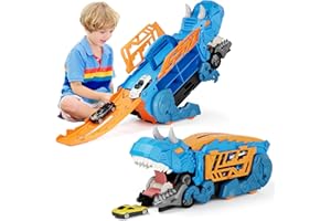 Shawe Dinosaurier Transporter Truck Auto Spielzeug ab 3 4 5 6 Jahre mit 6 Die-Cast-Fahrzeugen, Autorennbahn Aufbewahrung Verschlucken Transformierbar Spielzeugautos Geschenk für Jungen Mädchen Kinder