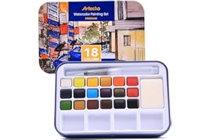 Artecho - Set per Pittura ad Acquerello con 18 Colori Vivaci, tra cui Penna ad Acqua, Spugna e Tabella dei Colori Vuota per Carta Acquerello, Custodia Leggera e Portatile