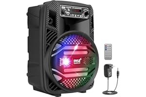 PYLE Sistema de Altavoces, PA, 300W, Bluetooth, portatil, Recargable, Exteriores, subwoofer de 8”, Tweeter de 1”, función de grabación, micrófono, Luces de Fiesta, Radio USB/SD, Color Negro