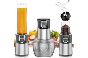 ‎TPGSING TPGSING 3-in-1 Mixer Küchenmaschine, 500W Multifunktions Mini Mixer & Zerkleinerer, Für Smoothiemaker, Fleisch Zerkleinerer, Gewürze & Kaffeemühle, 3 Behälter & 4 Edelstahl-Klingen, Spülmaschinenfest
