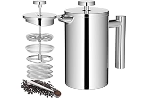 ‎WROBIC Wrobic Französische Presse Kaffeemaschine, 21Oz Edelstahl Französische Presse mit 3-Level Filtration System, Doppelwand Isolierte Französische Presse mit 3-Filtern und 1-Metalllöffel