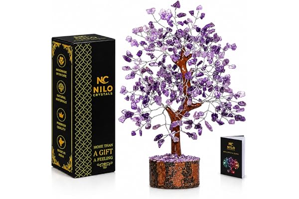 Nilo Crystals Amethyst Crystal Tree of Life – Purple Gifts for Women, Feng Shui Gemstone Bonsai Tree Shelf Decor for Living Room & Office, 10–12 Inch, Mini Crystal Guide Included