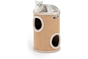 lionto Kratztonne aus Jute mit Spielball & Plüschrand, Höhe 50 cm, Stabiler Kratzbaum für kleine & große Katzen, perfekte Krallenpflege & Beschäftigung, viele Versteckmöglichkeiten, Ø 36 cm, beige