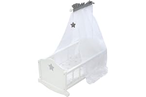 roba Berceau de Poupée en Bois Stella - Inclus Linge de Lit Imprimé Étoiles + Couverture + Oreiller + Ciel de Lit - Favorise les Habiletés Sociales - dès 3 Ans - Blanc / Gris