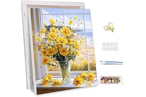 NEWENMO Hermosas Flores Amarillas Pintar por Numeros Adultos con Marco,Pintura por Numeros Kit,Hermoso Paisaje Pintura al Óleo Kit,DIY Paint by Numbers Adult,para Decoraciones del Hogar 30x40cm