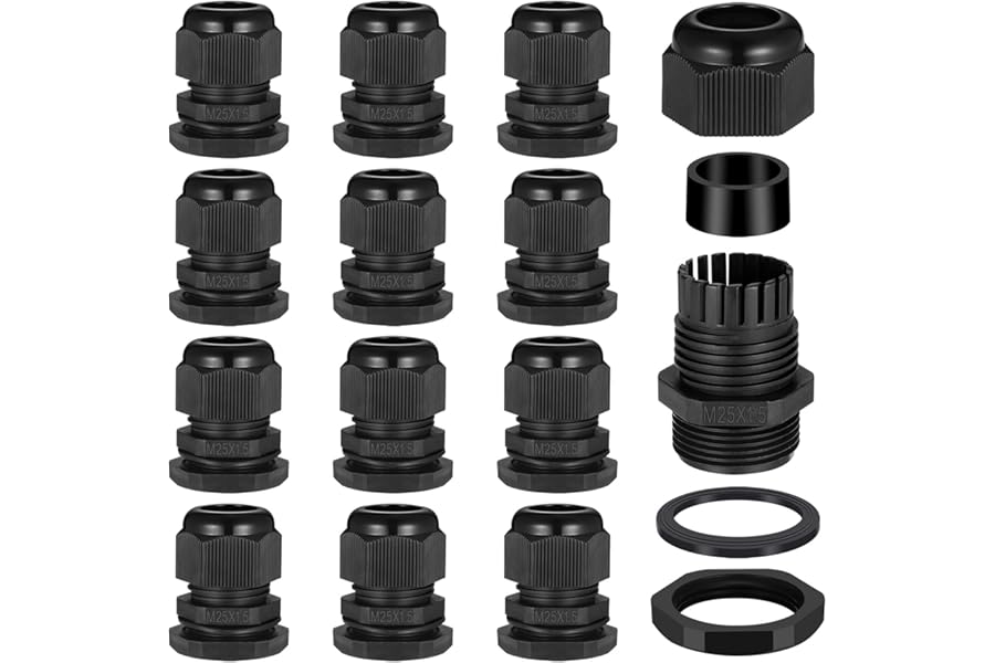 Zocipro 12Pcs M25 Cable Glands 25mm, IP68 Waterproof Nylon Cable Gland Suitable for 8mm-16mm Cables, Black Cable Grommet Cable Entry for Outdoor, Garden, Switch Box Junction Box