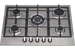 SIA R6 70cm Stainless Steel 5 Burner Gas Hob With Iron Pan Stands & Wok Burner