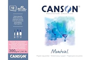 CANSON Montval - Bloc 12 feuilles papier aquarelle grain satin - A3-300g/m², Blanc
