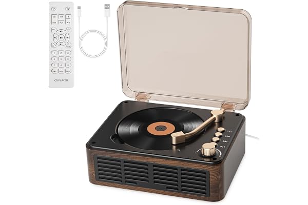 Gueray Lecteur CD avec Enceintes Son Stéréo HiFi, Lecteur de CD Vintage Bluetooth pour la Maison, Lecteur CD avec Radio FM et Télécommande, Prend en Charge la Lecture Via USB/AUX/Type-C (Bois)