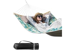 Bathonly Große Outdoor Hängematte für 2 Personen, 3m doppelhängematte, Gesteppte Stoffschaukel mit Faltbarer, gebogener Stange, abnehmbarem Kissen, Tragetasche, bis 204 kg belastbar, Blueleaves
