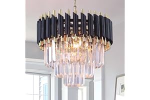 ‎FRIXCHUR FRIXCHUR Moderne Kristall Kronleuchter 3-Tier Kristall Kronleuchter Licht 15,7 '' Schwarz und Gold Pendelleuchten für Wohnzimmer Küche Insel Foyer E14x5 Glühbirne (nicht enthalten Glühbirne)…