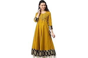 Yash Gallery Women's Cotton Slub Sequin Work Angrakha Kurta (Mustard)
