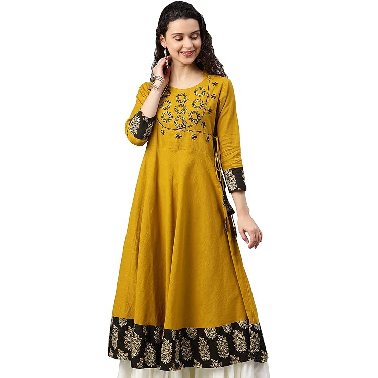 YASH GALLERY Indian Cotton Slub Kurta Tunic For Women - Mirror Work Straight Cut Dress (Bluish Grey) - View #6