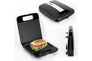 Huslog Sandwichera Panini Grill 1400W, Placas Antiadherentes, Mango Cool Touch, Indicador Luminoso, Base Antideslizante, Compacta y Potente, Acero Inoxidable, Negro