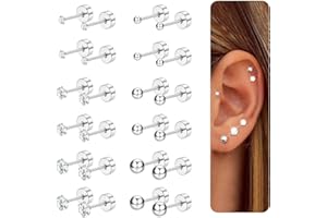 CASSIECA 12 Paires Boucles D'oreilles pour Femmes Hommes En Acier Inoxydable Minuscule Oreille Stud Piercing Petit CZ Boule Ronde Vis Plat Dos Cartilage Boucles D'oreilles Ensemble 2-4MM