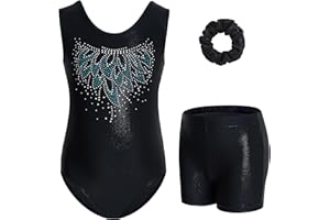 Gogokids, Completo da ginnastica bambina composto da tre pezzi, body senza maniche, pantaloncini e fascia per capelli, tuta danza classica scintillante, con design a colori sfumati, dai 3 ai 12 anni