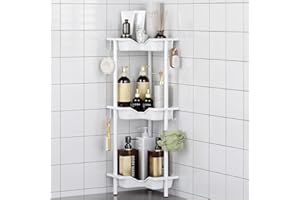 OriwarE Półka prysznicowa bez wiercenia, stojąca, z tworzywa sztucznego, metalowa, patchworkowa, regał magazynowy z 4 haczykami, odporny na rdzę, narożny regał prysznicowy, biały