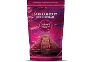 Guppy's Chocolates York | Hot Chocolate Flakes | Luxury 55% Dark Raspberry Hot Chocolate | Real Grated Drinking Chocolate | 245g Resealable Pouch Equal To 7 Sachets | Works With Velvetiser (Raspberry)