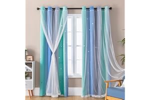 ‎XIDI Schlafzimmer Vorhänge 213 cm Doppelschicht Stern Dekorative Vorhänge Für Kinderzimmer Erwachsene Glasschiebetür Regenbogen Vorhänge Für Große Fenster Grün BlauGrey/132/213/2 IT