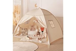 Wilwolfer Play Tent for Kids: Tent for Kids Indoor Toddler Teepee for Boys & Girls - Toddler Playhouse Inside Canopy Bed with Flags for Playroom Gift Toys (Cream)