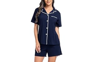 Lovasy Pigiama Donna Cotone Estivo con Bottoni Davanti Pigiama Set Corta Scollo a V e Maniche Corte 2 Pezzi Pigiama da Casa Leggero T-Shirt Pigiama