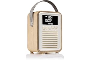 VQ Retro Mini Radio Dab Plus/Dab avec Bluetooth, FM et Radio Réveil Fonction - Alimentée par Secteur et Batterie Radio Portable avec Antenne, Prise Casque et Port de Charge USB – Chêne