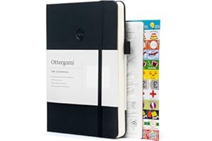 Ottergami Bullet Journal Pointillé | Carnet de Notes | Pochoirs, Autocollant et Porte-Stylo | 100gsm Papier Contre les Bavures | The Essential - Noir