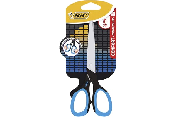 BIC Comfort Ciseaux Enfants 16 cm - Noir/Bleu ou Noir/Rouge (sans choix possible), Blister de 1