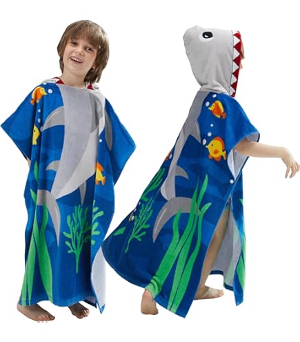 MOEMOE BABY Handdoeken met capuchon voor kinderen, badjas, poncho, rits, strandlaken met capuchon, 100% katoen, ponchohanddoeken voor jongens, S, blauwe haai