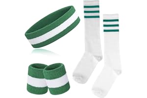 ONUPGO 5-teiliges gestreiftes Schweißband und Socken-Set, gestreiftes Stirnband, Schweißbänder, gestreifte hohe Socken für Männer, Frauen, Sport und 80er-Party