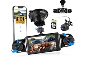 CAMECHO Mini dashcam 4 Lentes 2K/1080P, monitorización de Movimiento 360°, Pantalla 3", Wi-Fi/GPS Integrados, súper visión Nocturna, grabación en Bucle, Sensor G; Incluye Tarjeta 64 GB