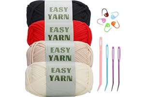 DIPEER Beginners Crochet Yarn, 4 * 50g No Split Yarn, Chunky Cotton Yarn, Easy Knitting Yarn for Crocheting Knitting, Thick Bulky Cotton Yarn for Beginners(White + Red + Beige + Black)