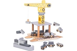 Mamabrum Hafenkran Spielset mit Magnetwinde, Holz-LKW, Lokomotive, Waggons, Frachtschiff & 12 Container - Lehrreiches Holzspielzeug für Kinder ab 3 Jahren (20 Teile)