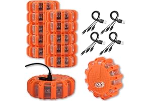 Ecoangel USB Rechargeable LED Road Flares Emergency Lights-Roadside Warning Car Safety Beacon Flashing Disc Flare Kit with Magnetic Base for Vehicles & Boat | 12 Beacon Disc Pack