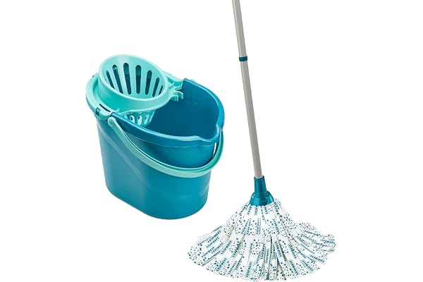 Leifheit Set Classic Mop, seau essoreur avec lave-sol, balai à franges en viscose très absorbantes, support essoreur pratique pour essorage facile Turquoise