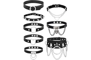 LOLIAS 8Pcs Femmes Cuir Gothique Collier Ras du Cou Punk Chaîne Clavicule PU Cuir Noir Ras du Cou Sexy Spike Collier Chockers Tour de Cou Rock Ceinture Coeur Ras du Cou Collier Réglable Cosplayer