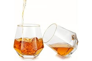 HANOBE Vasos de whisky de diamantes de vidrio de whisky: borde dorado geométricos inclinados juegos de vasos de agua sin tallo vasos vasos de copa de vidrio antiguo elegante moderno para vino 10 oz