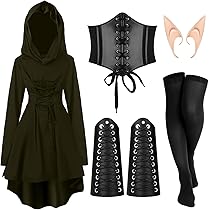 Robe Médiévale Femme Noire Avec Capuche Et Corset - Costume Renaissance, Halloween, Cosplay - Taille S à XXL