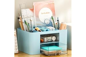 MOOKLIN ROAM Organisateur de Bureau Multifonctionnel, Rangement en Plastique avec 5 Compartiments, 2 Tiroirs Coulissants, Organisateur de Maquillage Boîte à Cosmétique pour Maison École Bureau (Bleu)