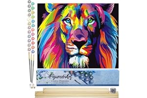 Figured'Art Dipingere con i Numeri - Paint by Numbers Leone Pop Art, Passatempo per Adulti, Kit Completo, Hobby Creativi - 40x50cm cornice in legno fai da te