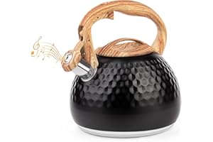 ERWEY Bouilloire moderne à induction 3 l en acier inoxydable pour toutes les plaques de cuisson, bouilloire à flûtes avec poignée de couleur bois, bouilloire pour thé, café (noir)