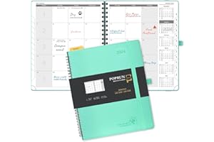 ‎POPRUN POPRUN Kalender 2024 Monatsplaner 26,5 x 21,5 cm Auf Englisch - 18 Monate Monatskalender Ringbuch (Jan 2024 - Jun 2025) - 1 Monat 4 Seiten, 112 Seiten, 100 GSM Papier, PU-Leder - Mintgrün