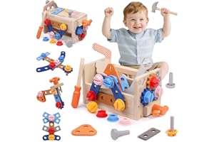 WOTOYD Caisse a Outil Jouet Enfant 3 4 5 Ans Fille Garcon Boite a Outils Jouet en Bois Établi DIY Jeu de Construction Bricolage Etabli Enfant Montessori Jeux Educatif Idée Cadeau Garçon d'activité Noël Baby